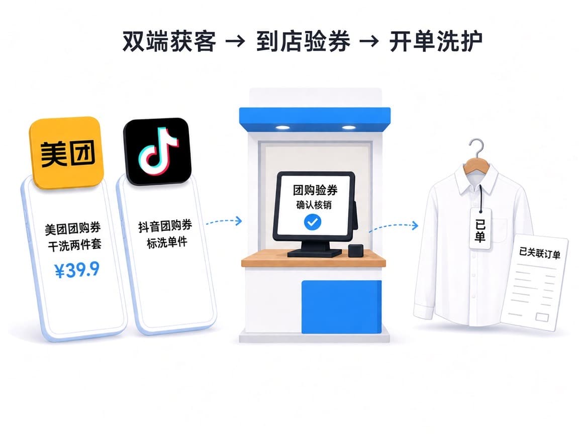 美团抖音团购券到店核销并关联洗护订单示意