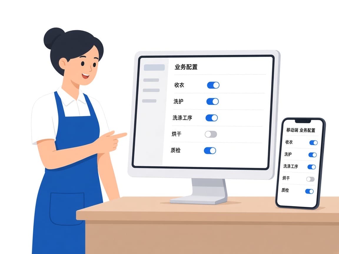 电脑与手机上的洗护业务工序配置界面示意