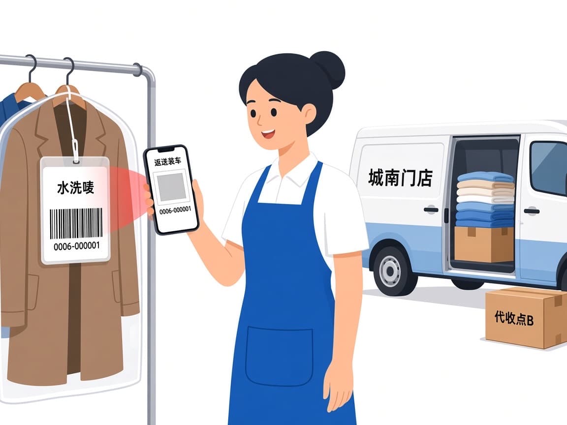 店员右手持手机扫描水洗唛,旁有派送车辆装车示意
