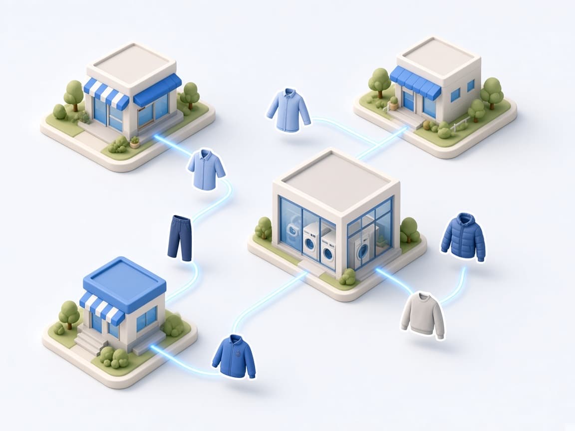 多经营点等距地图,路径上流转不同衣物