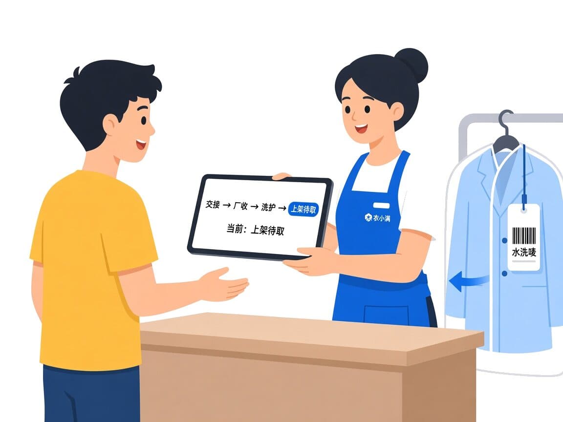 顾客询问进度,店员平板显示上架待取状态示意
